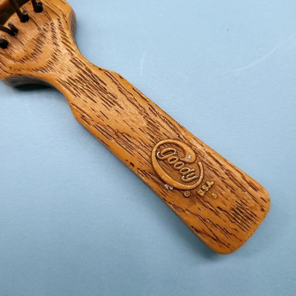 Vintage Goody Vented Hair Brush & Hand Mirror Travel Purse Plastic Faux Wood USA